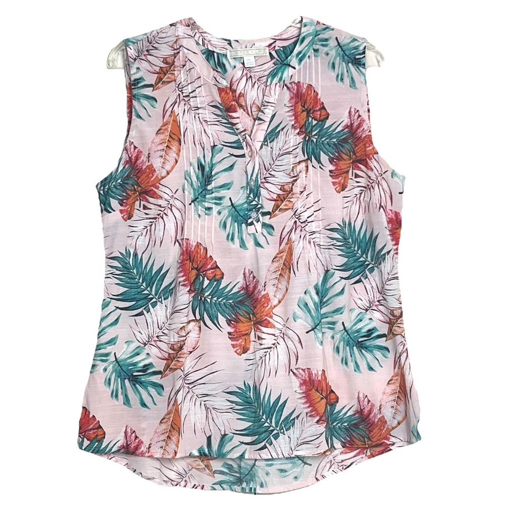 Juniper + Lime Womens Sleeveless Tunic Blouse PL Pink Tropical Floral Leaf Print